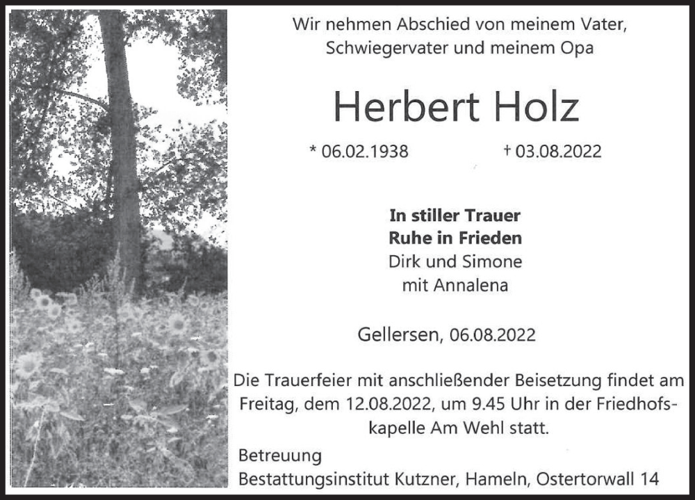  Traueranzeige für Herbert Holz vom 06.08.2022 aus Deister- und Weserzeitung