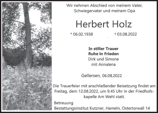 Traueranzeige von Herbert Holz von Deister- und Weserzeitung
