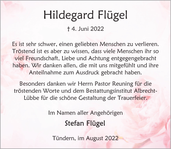 Traueranzeige von Hildegard Flügel von Deister- und Weserzeitung
