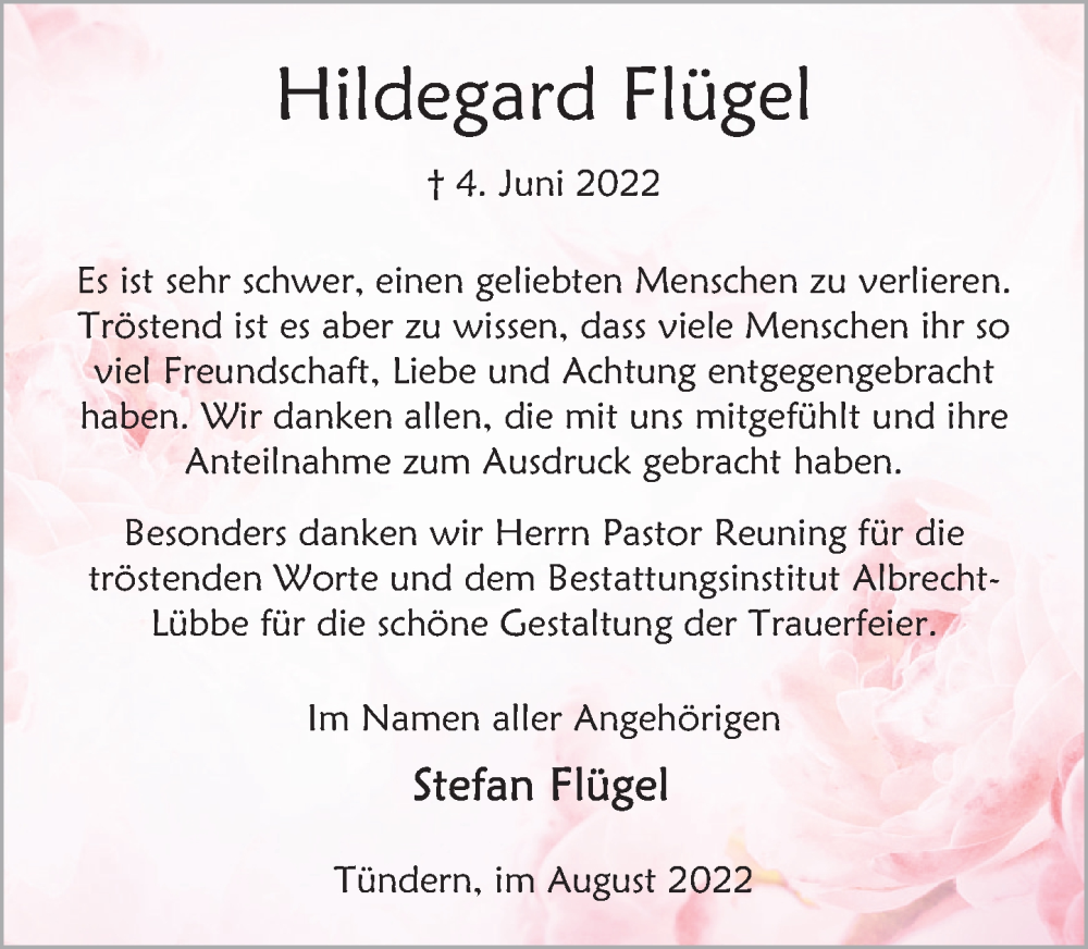  Traueranzeige für Hildegard Flügel vom 20.08.2022 aus Deister- und Weserzeitung