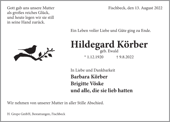 Traueranzeige von Hildegard Körber von Deister- und Weserzeitung