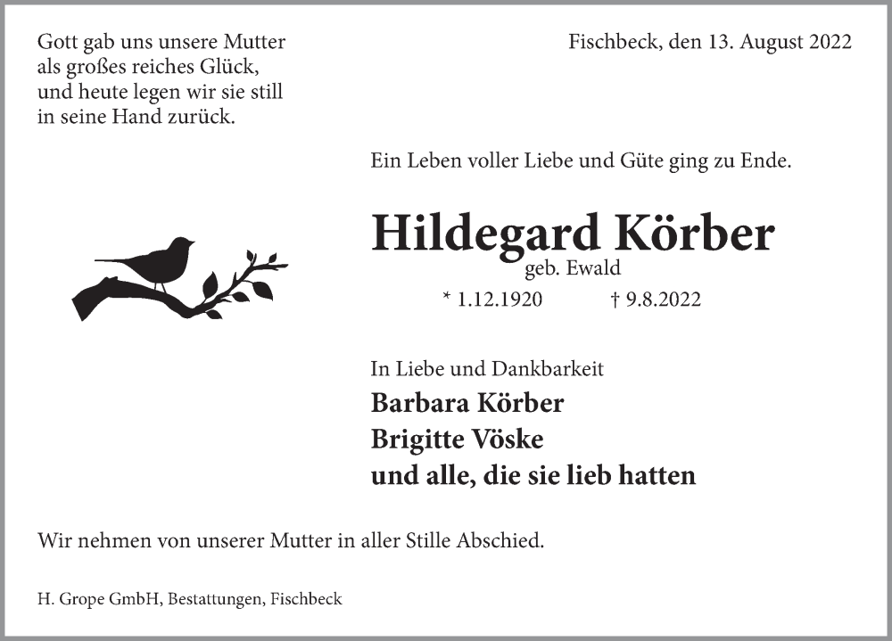  Traueranzeige für Hildegard Körber vom 13.08.2022 aus Deister- und Weserzeitung