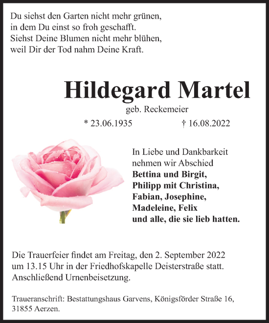 Traueranzeige von Hildegard Martel von Deister- und Weserzeitung