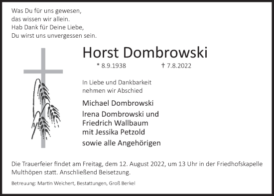 Traueranzeige von Horst Dombrowski von Deister- und Weserzeitung