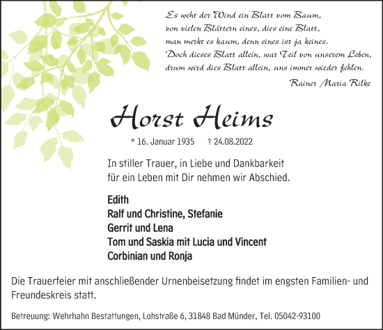 Traueranzeige von Horst Heims von Neue Deister-Zeitung
