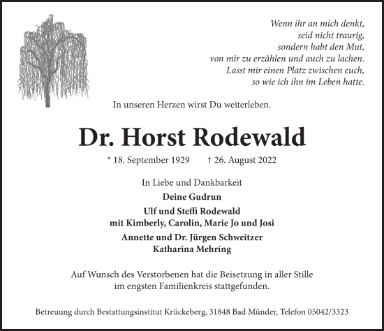 Traueranzeige von Horst Rodewald von Neue Deister-Zeitung