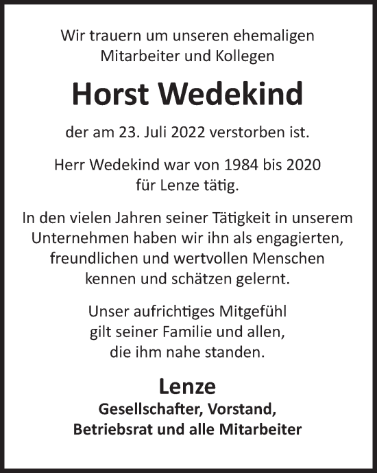 Traueranzeige von Horst Wedekind von Deister- und Weserzeitung