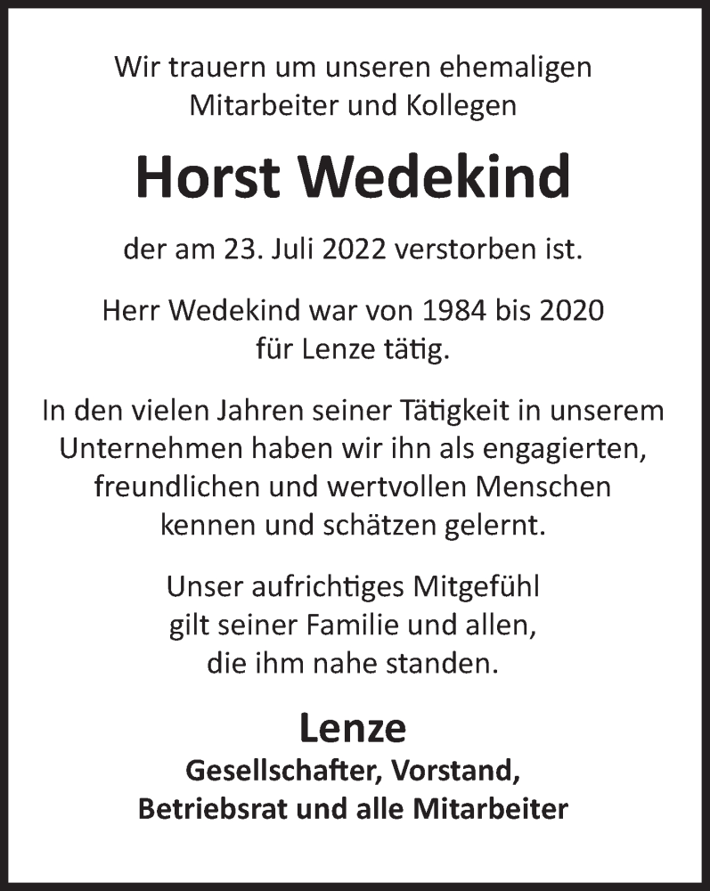  Traueranzeige für Horst Wedekind vom 06.08.2022 aus Deister- und Weserzeitung