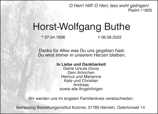 Traueranzeige von Horst-Wolfgang Buthe von Deister- und Weserzeitung
