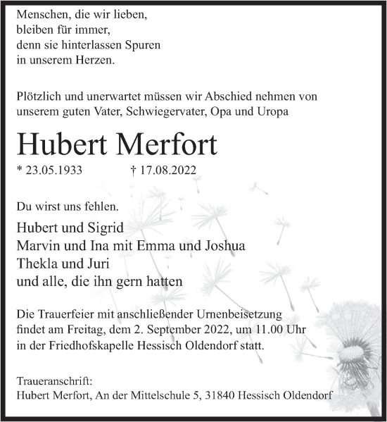 Traueranzeige von Hubert Merfort von Deister- und Weserzeitung