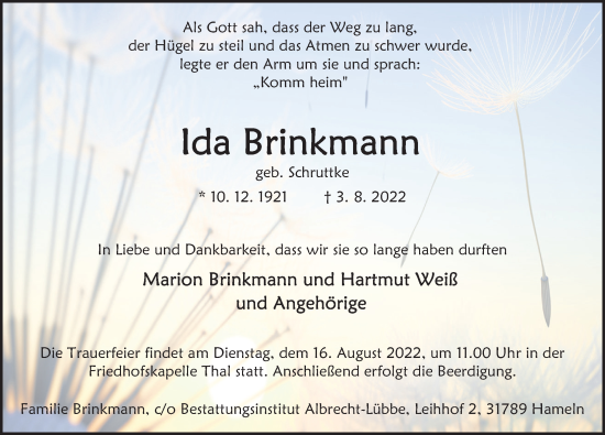 Traueranzeige von Ida Brinkmann von Deister- und Weserzeitung