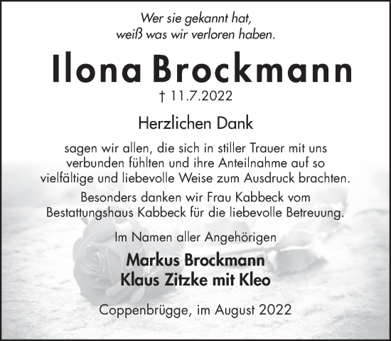 Traueranzeige von Ilona Brockmann von Deister- und Weserzeitung