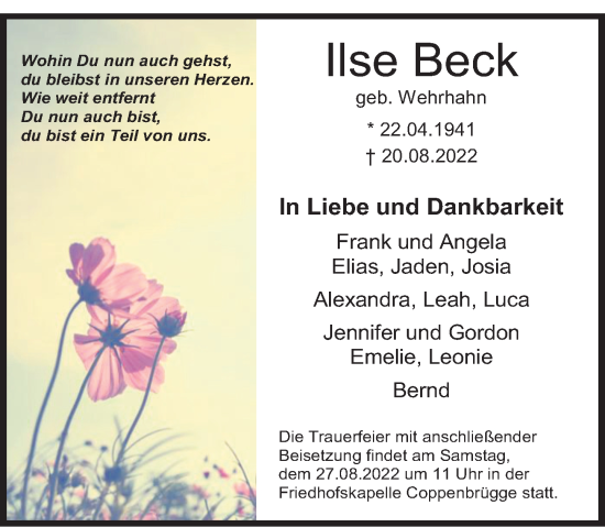 Traueranzeige von Ilse Beck von Deister- und Weserzeitung