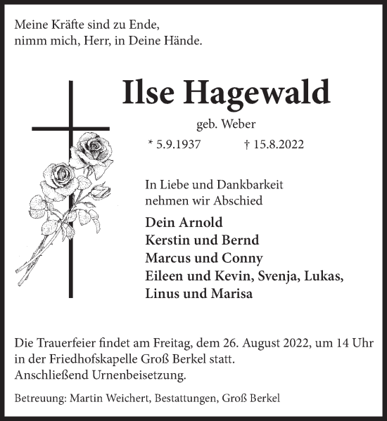 Traueranzeige von Ilse Hagewald von Deister- und Weserzeitung