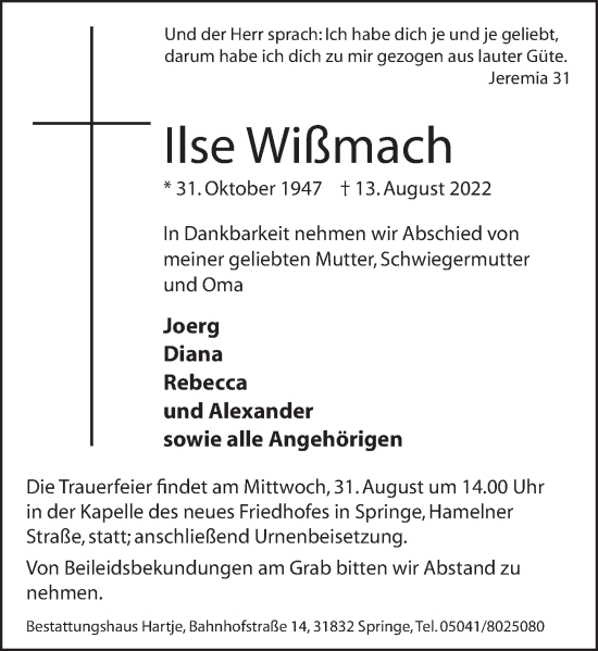 Traueranzeige von Ilse Wißmach von Neue Deister-Zeitung