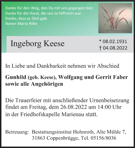 Traueranzeige von Ingeborg Keese von Deister- und Weserzeitung