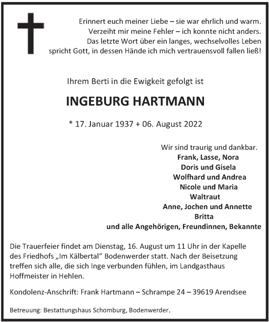 Traueranzeige von Ingeburg Hartmann von Deister- und Weserzeitung