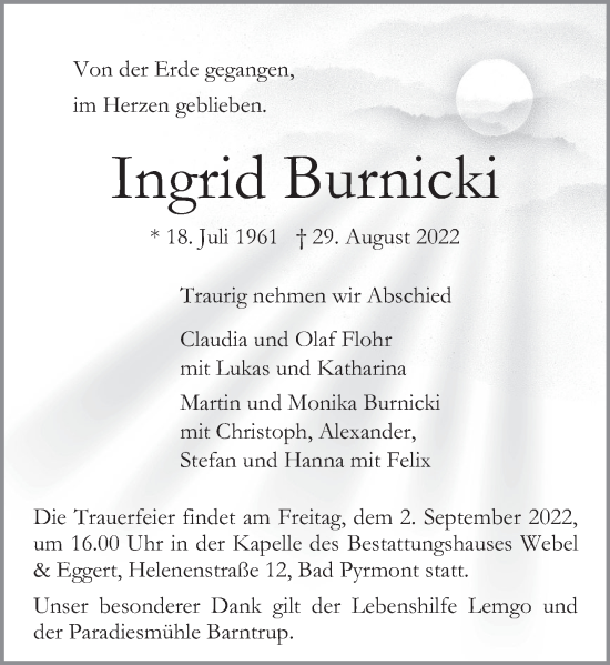 Traueranzeige von Ingrid Burnicki von Deister- und Weserzeitung