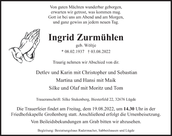 Traueranzeige von Ingrid Zurmühlen von Deister- und Weserzeitung