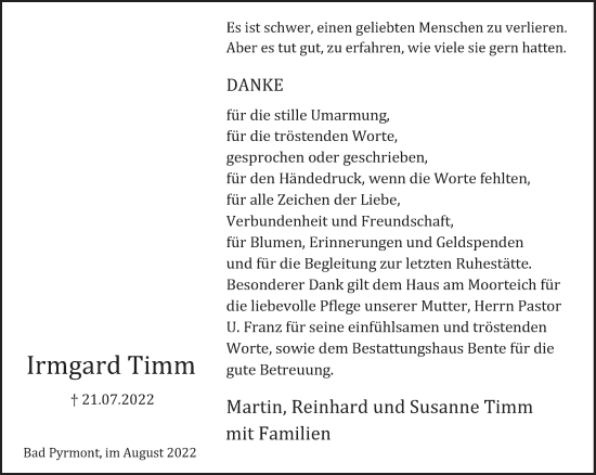 Traueranzeige von Irmgard Timm von Deister- und Weserzeitung