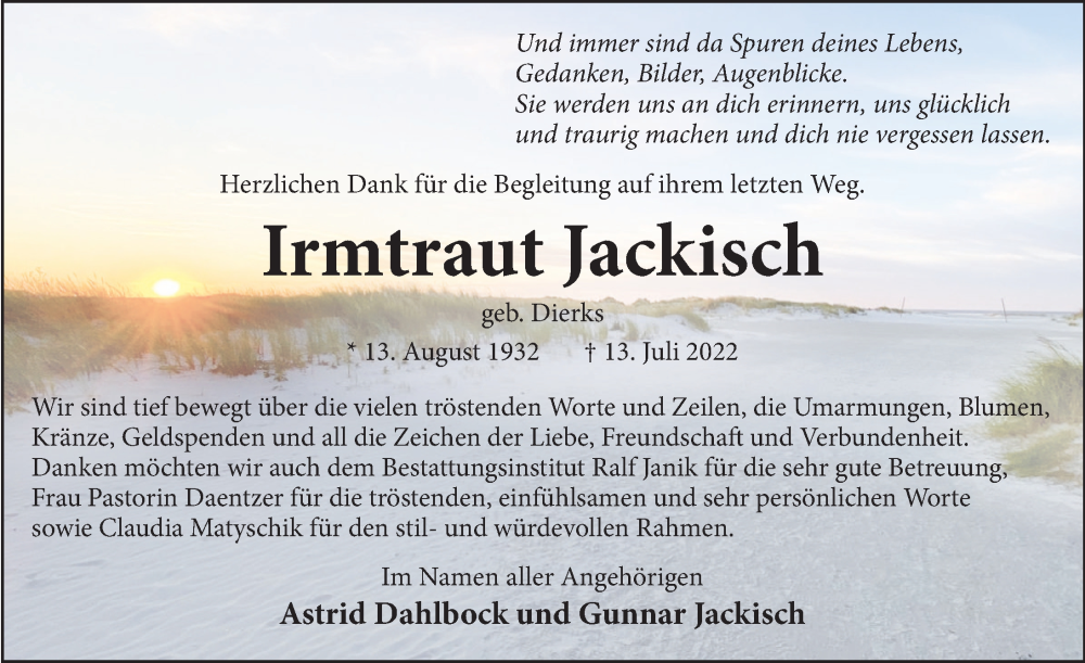  Traueranzeige für Irmtraut Jackisch vom 06.08.2022 aus Neue Deister-Zeitung