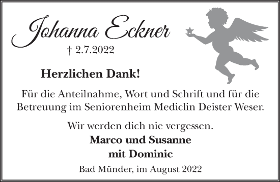 Traueranzeige von Johanna Eckner von Neue Deister-Zeitung