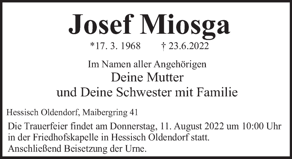  Traueranzeige für Josef Miosga vom 06.08.2022 aus Deister- und Weserzeitung