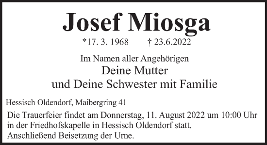 Traueranzeige von Josef Miosga von Deister- und Weserzeitung