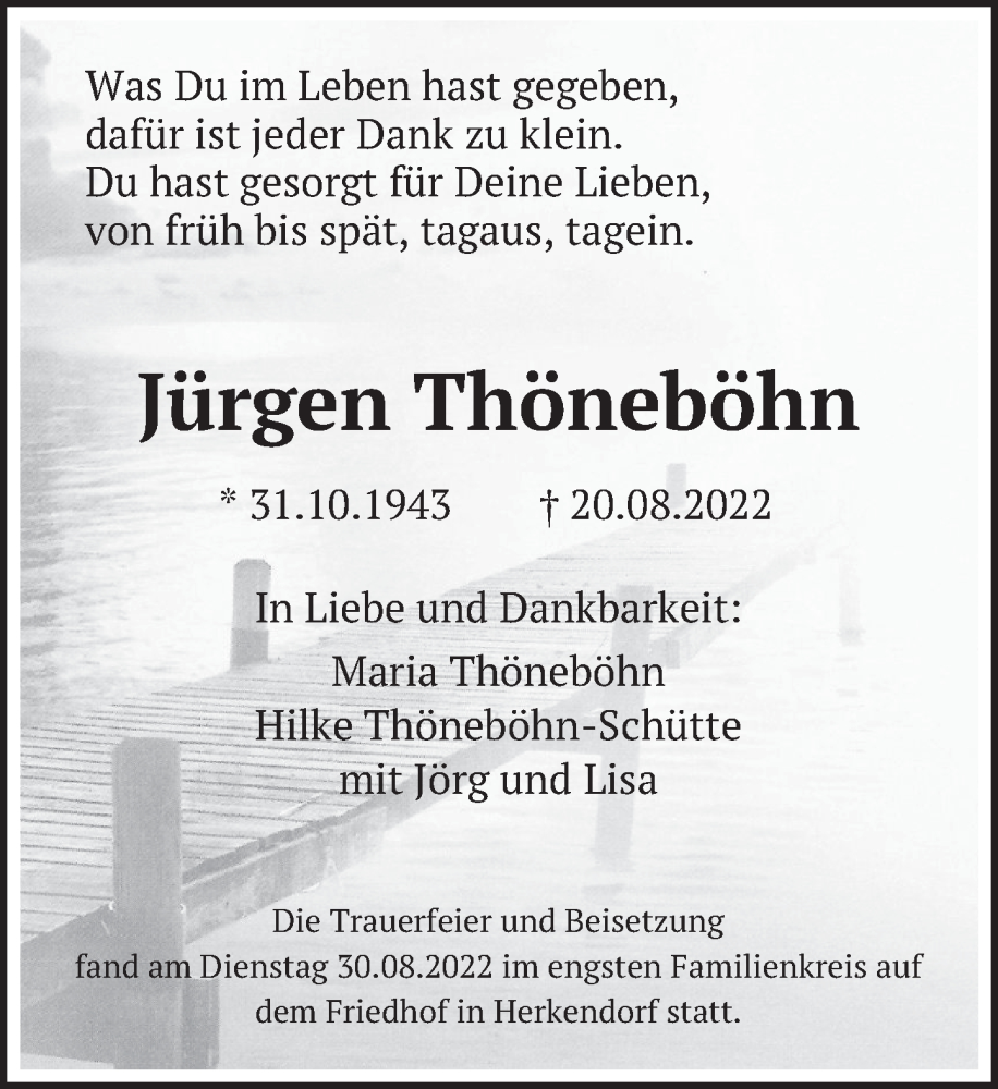  Traueranzeige für Jürgen Thöneböhn vom 02.09.2022 aus Deister- und Weserzeitung