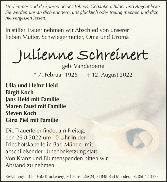 Traueranzeige von Julienne Schreinert von Neue Deister-Zeitung