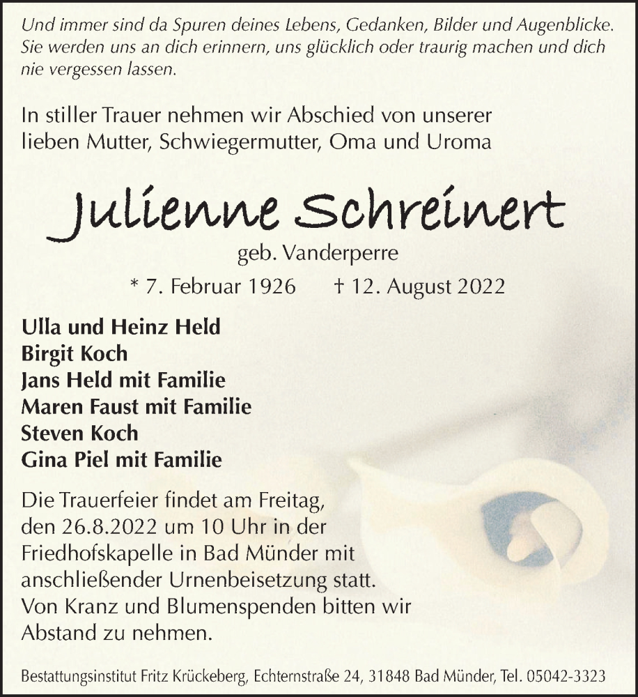  Traueranzeige für Julienne Schreinert vom 20.08.2022 aus Neue Deister-Zeitung
