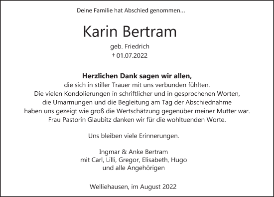 Traueranzeige von Karin Bertram von Deister- und Weserzeitung