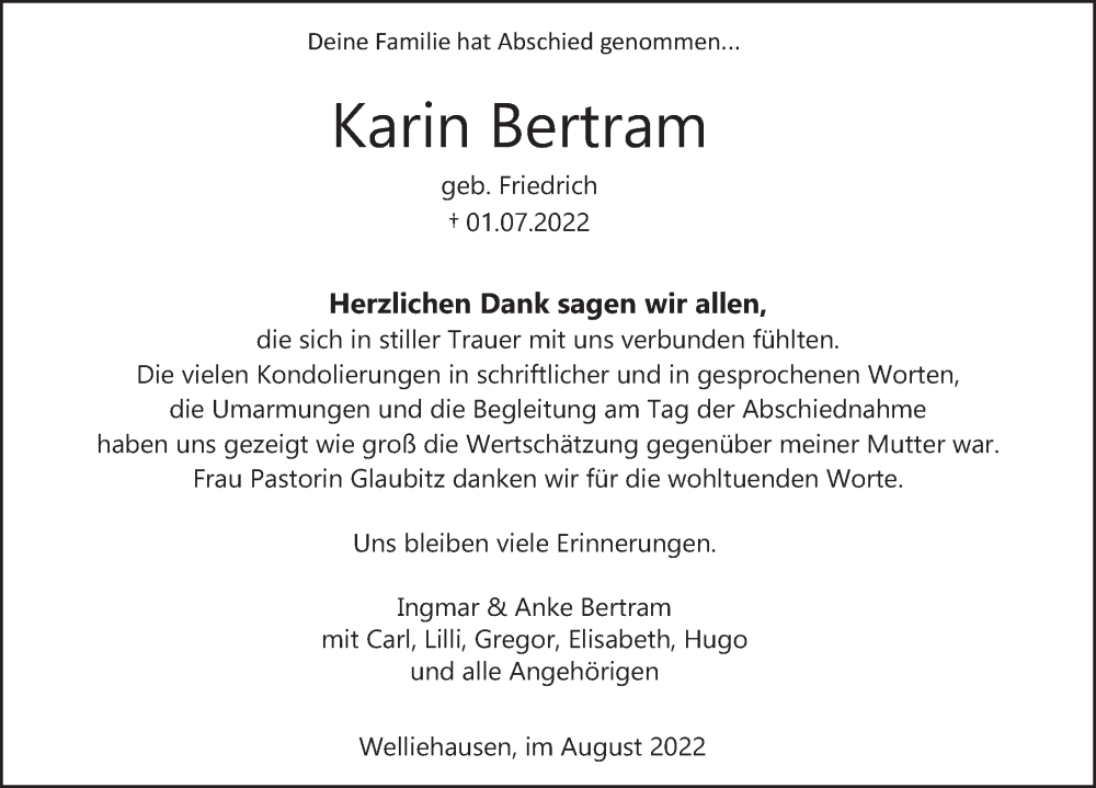 Traueranzeigen Von Karin Bertram | Trauerportal Ihrer Tageszeitung