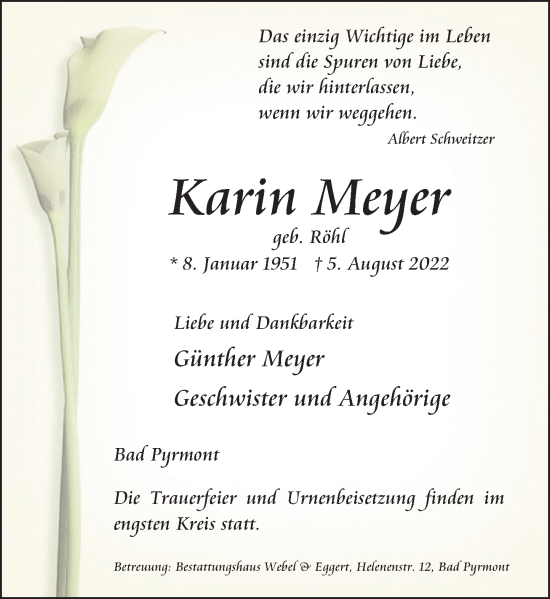 Traueranzeige von Karin Meyer von Deister- und Weserzeitung