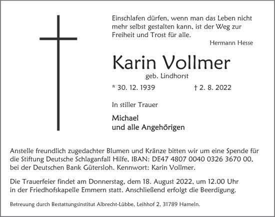 Traueranzeige von Karin Vollmer von Deister- und Weserzeitung