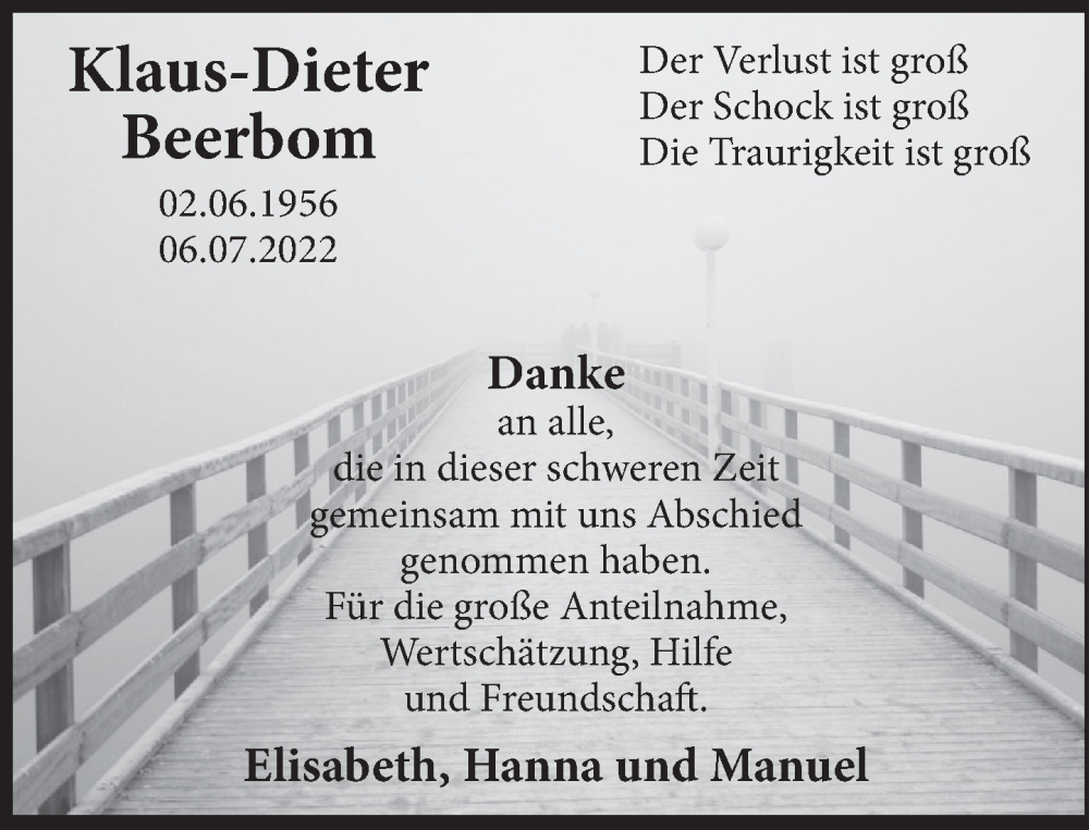  Traueranzeige für Klaus-Dieter Beerbom vom 08.08.2022 aus Deister- und Weserzeitung