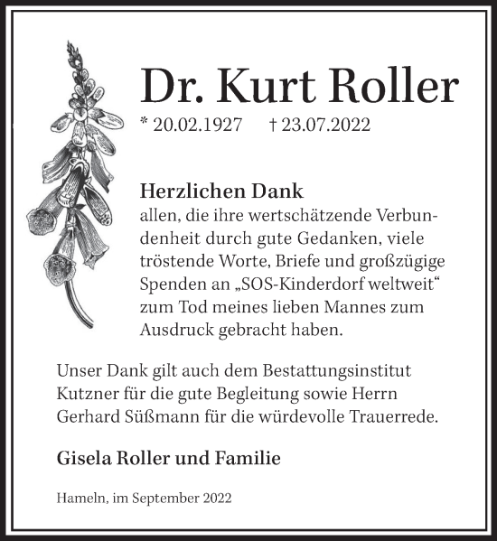 Traueranzeige von Kurt Roller von Deister- und Weserzeitung