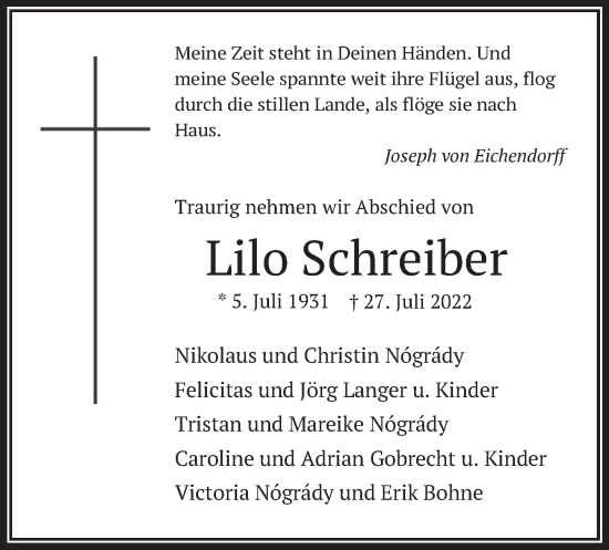 Traueranzeige von Lilo Schreiber von Deister- und Weserzeitung