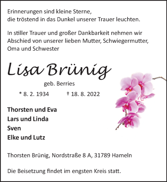 Traueranzeige von Lisa Brünig von Deister- und Weserzeitung