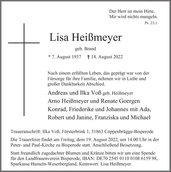 Traueranzeige von Lisa Heißmeyer von Deister- und Weserzeitung
