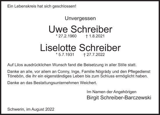 Traueranzeige von Liselotte Schreiber von Deister- und Weserzeitung