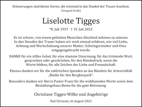 Traueranzeige von Liselotte Tigges von Deister- und Weserzeitung