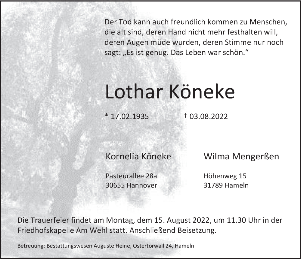  Traueranzeige für Lothar Köneke vom 06.08.2022 aus Deister- und Weserzeitung
