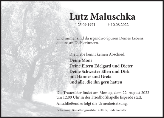 Traueranzeige von Lutz Maluschka von Deister- und Weserzeitung