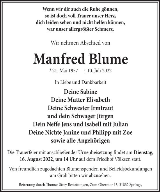 Traueranzeige von Manfred Blume von Neue Deister-Zeitung
