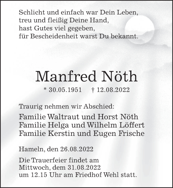 Traueranzeige von Manfred Nöth von Deister- und Weserzeitung