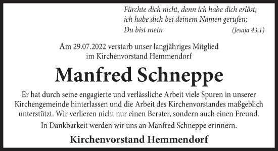 Traueranzeige von Manfred Schneppe von Deister- und Weserzeitung