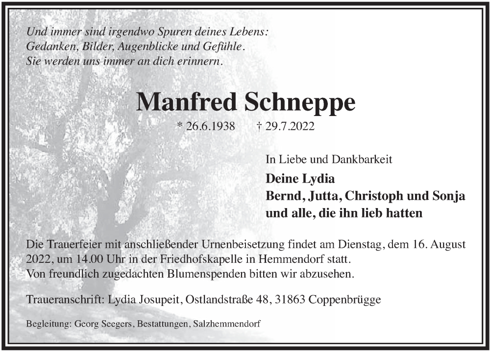  Traueranzeige für Manfred Schneppe vom 06.08.2022 aus Deister- und Weserzeitung