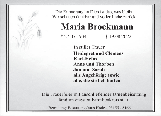 Traueranzeige von Maria Brockmann von Deister- und Weserzeitung