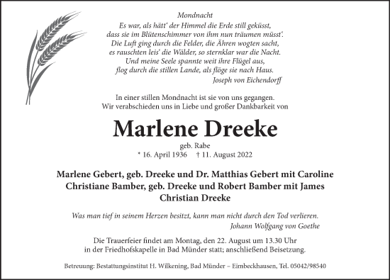 Traueranzeige von Marlene Dreeke von Neue Deister-Zeitung